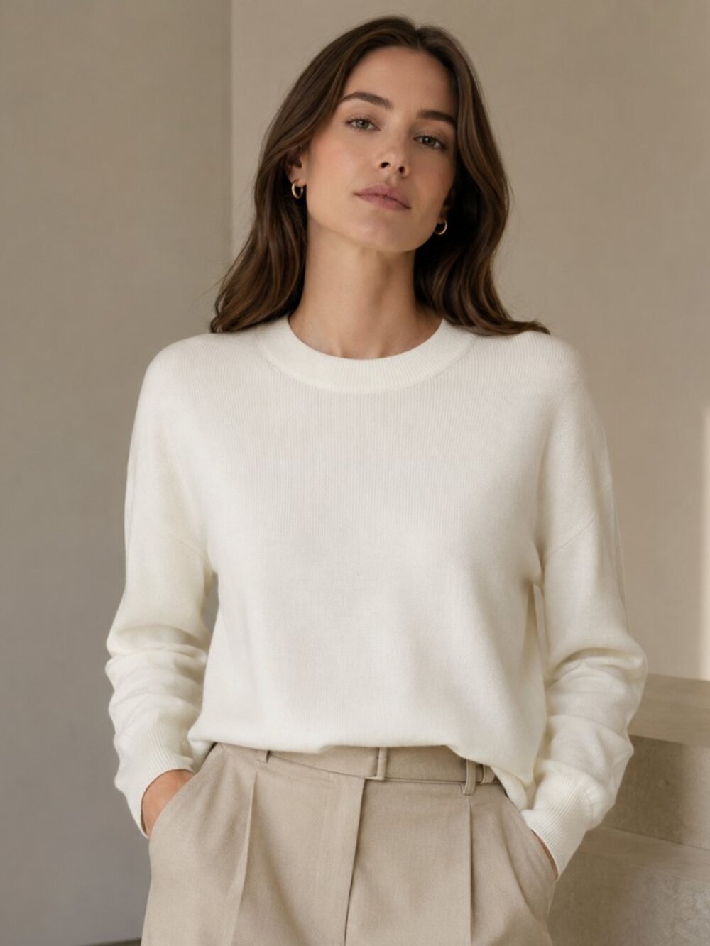 LILYSILK Ultra Fine Merino Wool Crewneck Sweater Ivory Cream Size M